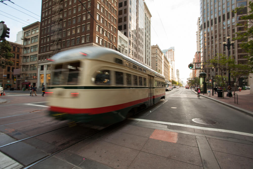 Streetcar in downtown San Francisco with motion blur
